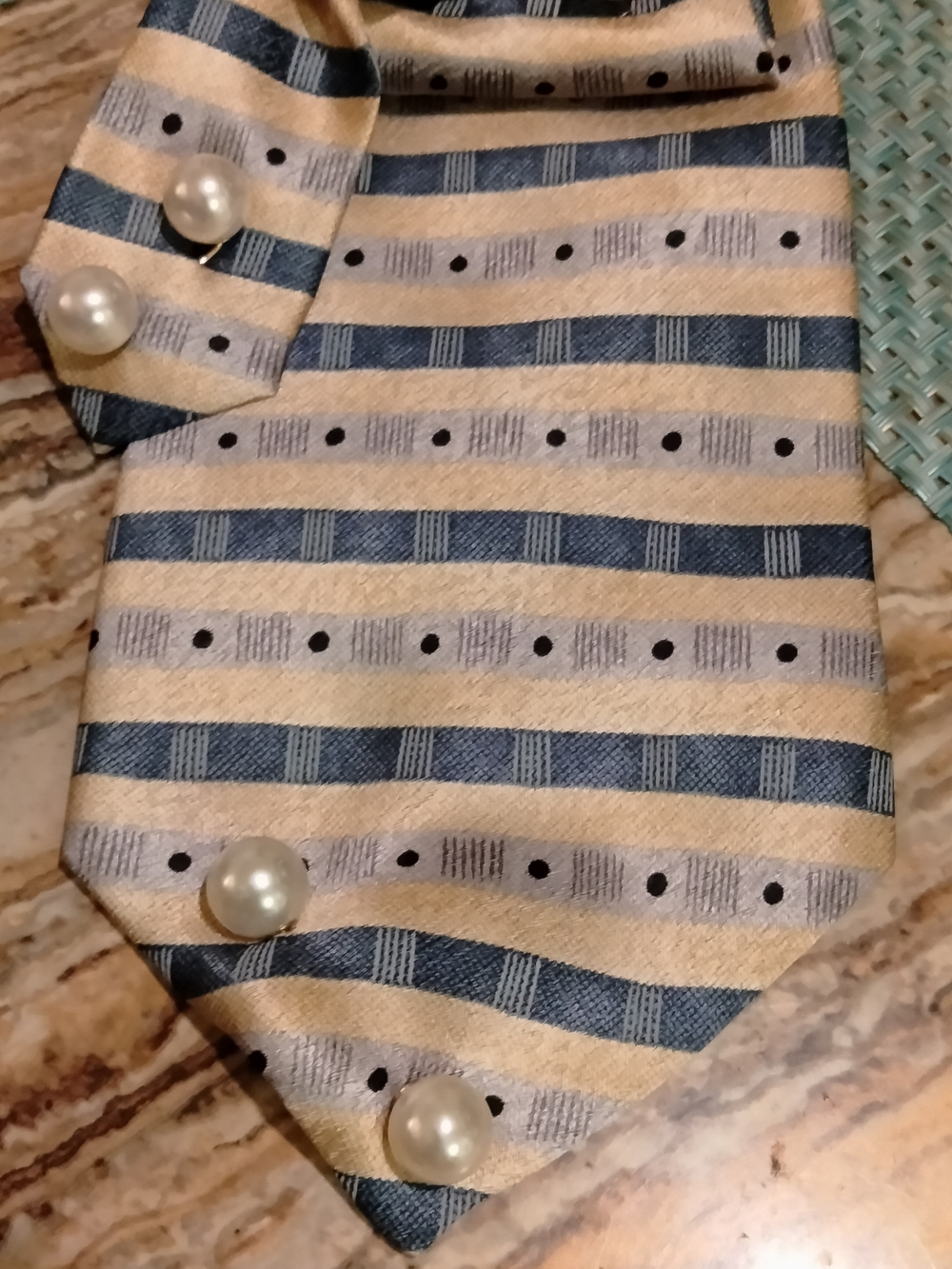 Striped Blue and Cream Men's Tie with Dot Accents